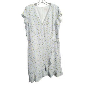 Loft Size 14 Dress Long Gingham Floral Flutter Sleeve Faux Wrap Ruffle Hem Lined